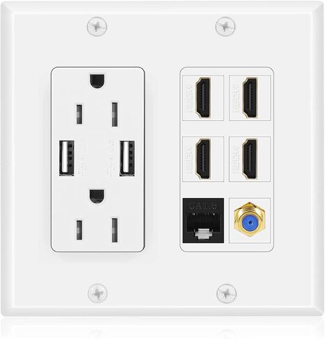 صندوق مخرج الوسائط المتعددة TNP - منفذ حائط HDMI محوري إيثرنت مع شحن USB، شاحن لوحة حائط USB ومخرج طاقة 15 أمبير، 4 منافذ HDMI، 1 منفذ إيثرنت Cat6 RJ45، منفذ كابل محوري، مقبس كيستون in Saudi Arabia
