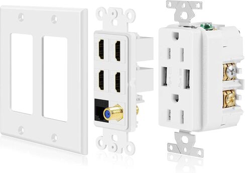 صندوق مخرج الوسائط المتعددة TNP - منفذ حائط HDMI محوري إيثرنت مع شحن USB، شاحن لوحة حائط USB ومخرج طاقة 15 أمبير، 4 منافذ HDMI، 1 منفذ إيثرنت Cat6 RJ45، منفذ كابل محوري، مقبس كيستون in Saudi Arabia