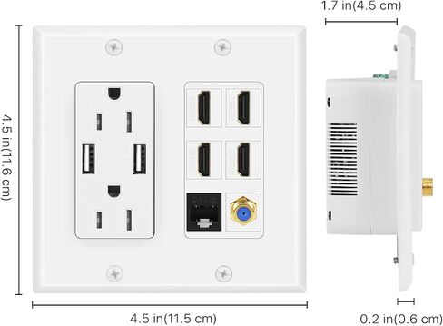 صندوق مخرج الوسائط المتعددة TNP - منفذ حائط HDMI محوري إيثرنت مع شحن USB، شاحن لوحة حائط USB ومخرج طاقة 15 أمبير، 4 منافذ HDMI، 1 منفذ إيثرنت Cat6 RJ45، منفذ كابل محوري، مقبس كيستون in Saudi Arabia