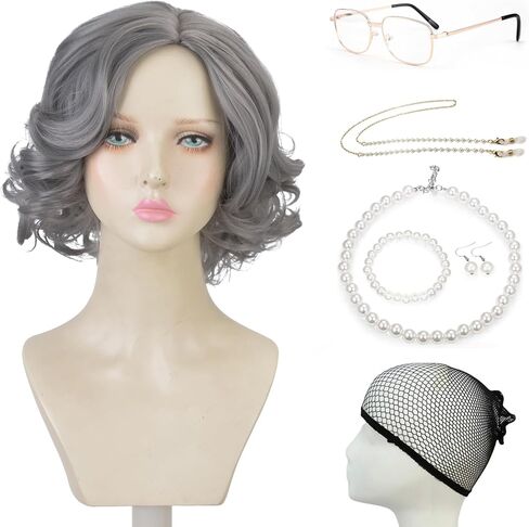 Aeilene Grey Wig for Women, Grandma Silver Gray Short Curly Old Lady Synthetic Wigs with Glasses, Eyeglass Retainer Chain,Pearl Necklace for Daily Cosplay Party Halloween Costume (5 Pieces) in Kuwait