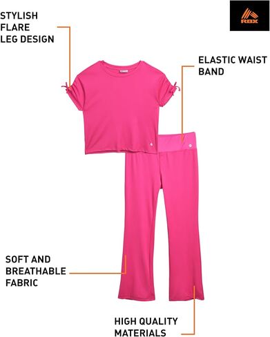 RBX Girls' Leggings Set - 2 Piece Ribbed T-Shirt and Flare Leg Yoga Pants - Athleisure Wide Leg Pants Set for Girls (7-12) in Saudi Arabia