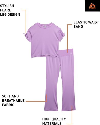 RBX Girls' Leggings Set - 2 Piece Ribbed T-Shirt and Flare Leg Yoga Pants - Athleisure Wide Leg Pants Set for Girls (7-12) in Saudi Arabia
