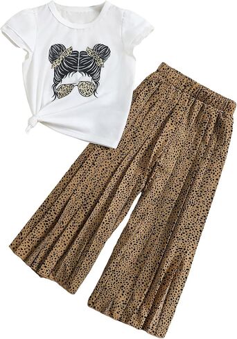 MakeMeChic Girl's Two Piece Summer Outfits Puff Short Sleeve T Shirt Flowy Pleated Wide Leg Pants in Saudi Arabia