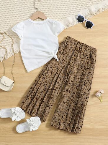 MakeMeChic Girl's Two Piece Summer Outfits Puff Short Sleeve T Shirt Flowy Pleated Wide Leg Pants in Saudi Arabia