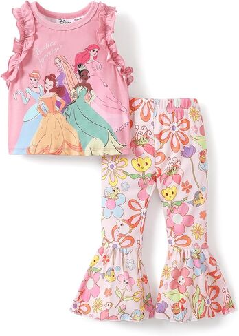 Disney Princess Girls Summer Outfits Girls Bell Bottom Pants Ruffles Sleeveless Tank Top Floral/Starry Flare Pants Suit in Saudi Arabia