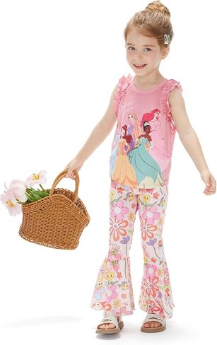 Disney Princess Girls Summer Outfits Girls Bell Bottom Pants Ruffles Sleeveless Tank Top Floral/Starry Flare Pants Suit in Saudi Arabia