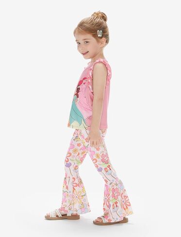 Disney Princess Girls Summer Outfits Girls Bell Bottom Pants Ruffles Sleeveless Tank Top Floral/Starry Flare Pants Suit in Saudi Arabia