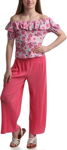 Instagirl Girls' Pants Set - Puff Sleeve Shirt and Flowy Wide Leg Pants Set - Cute Summer Outfit Set for Girls (7-12) in Saudi Arabia