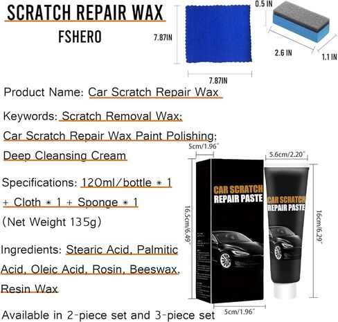 شمع إصلاح الخدوش للسيارة، مزيل خدوش السيارة الجديد 2024، مزيل الخدوش للمركبات، مجموعة شمع تلميع معجون إصلاح خدوش السيارة مع مسح وإسفنجة (قطعتان) in Kuwait
