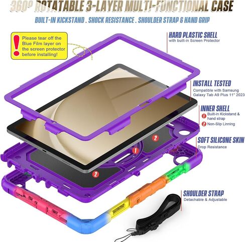 Herize Case Compatible with Galaxy Tab A9+ Plus 11 Inch Model SM-X210/X216/X218 with Screen Protector Pen Holder Stand Shoulder Strap Handle Grip | Black in Saudi Arabia