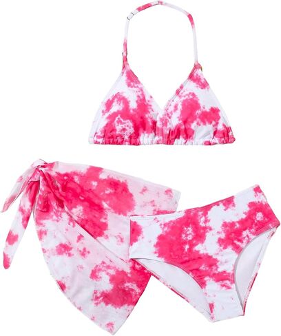 Milumia Girl's 3 Piece Tie Dye Halter Top Swimsuit Bathing Suits with Cover Up Skirt in Saudi Arabia