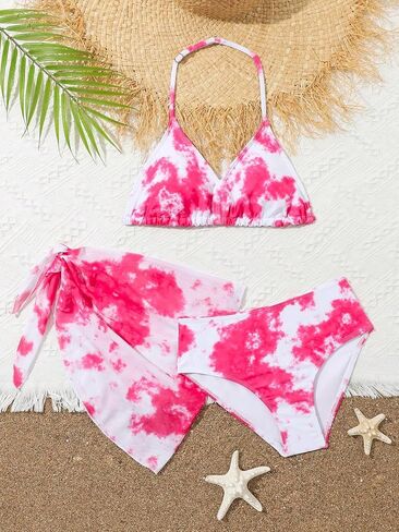 Milumia Girl's 3 Piece Tie Dye Halter Top Swimsuit Bathing Suits with Cover Up Skirt in Saudi Arabia