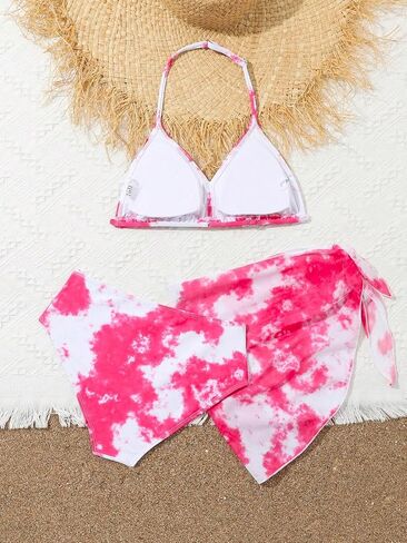 Milumia Girl's 3 Piece Tie Dye Halter Top Swimsuit Bathing Suits with Cover Up Skirt in Saudi Arabia