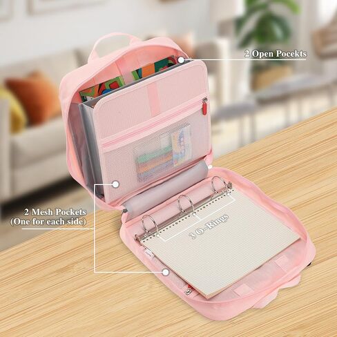 حافظة سحاب GXaryFulin مع حزام كتف ومقبض، 3 حلقات دائرية للوازم المكتبية والمدرسية، وردي in Kuwait