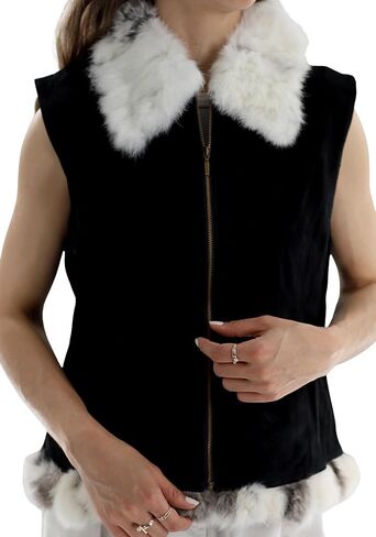 سترة نسائية من الجلد السويدي مع زخرفة من الفرو من La Fiorentina، باللون الأسود in Kuwait