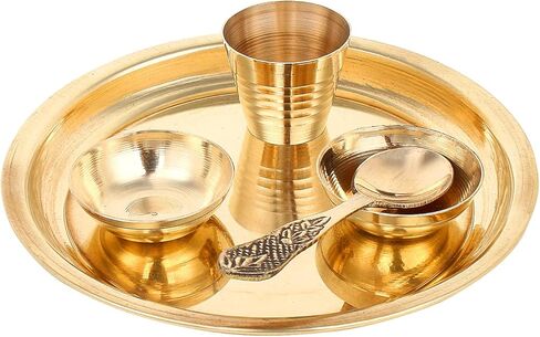 مجموعة الحرف اليدوية الهندية الصغيرة بهوج ثالي لطبق بوجا كانها ثاكور جي الهندي الهندوسي. طقم 5 قطع (طبق، كاتوري، زجاج، ملعقة) in Kuwait