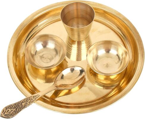 مجموعة الحرف اليدوية الهندية الصغيرة بهوج ثالي لطبق بوجا كانها ثاكور جي الهندي الهندوسي. طقم 5 قطع (طبق، كاتوري، زجاج، ملعقة) in Kuwait