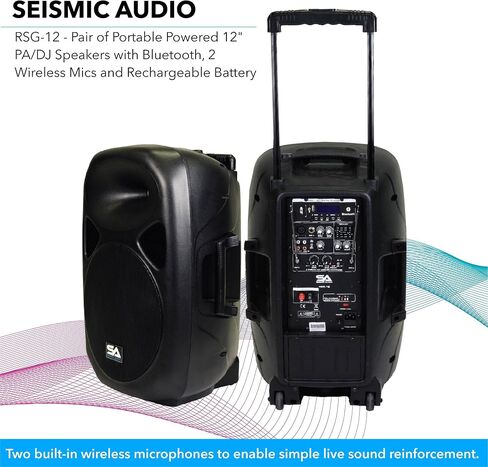 Seismic Audio - RSG-12 - Powered 12" PA Speaker Rechargeable with 2 Wireless Mics, Remote, Bluetooth, Easy Transport - Tailgate Karaoke Speaker in Saudi Arabia