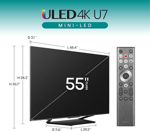 Hisense 55-Inch Class U7 Series Mini-LED ULED 4K UHD Google Smart TV (55U7N, 2024 Model) - QLED, Native 144Hz, Motion Rate 480, Full Array Local Dimming, Game Mode Pro, Alexa Compatibility in Saudi Arabia