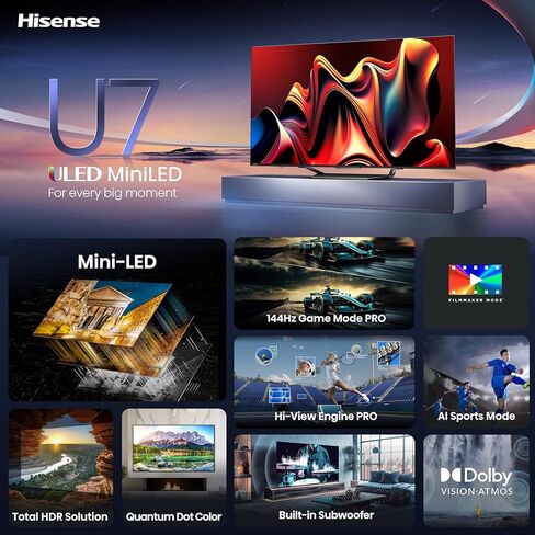Hisense 55-Inch Class U7 Series Mini-LED ULED 4K UHD Google Smart TV (55U7N, 2024 Model) - QLED, Native 144Hz, Motion Rate 480, Full Array Local Dimming, Game Mode Pro, Alexa Compatibility in Saudi Arabia