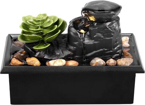 Tabletop Water Fountain with Light, Mini Indoor Water Fountain, Zen Meditation Waterfall Decor & Natural River Rocks, Sound Relaxation Fountain Ornament for Table Office Bedroom- Battery/USB Operated in Saudi Arabia