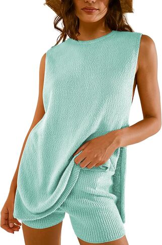 Bianstore Women's Summer Sweater Set Sleeveless Knit Pullover Top Matching Shorts 2 Piece Beach Vacation Outfits(Teal-XS) in Saudi Arabia