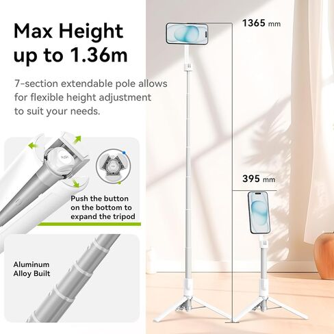 ULANZI MG-003 حامل ثلاثي القوائم للهاتف المغناطيسي 53.7 بوصة - حامل ثلاثي القوائم مرن للهاتف الخلوي مع جهاز تحكم عن بعد بمغناطيس 52N حامل فيديو Vlog محمول متوافق مع سلسلة iPhone Magsafe 15 14 13 12 in Kuwait
