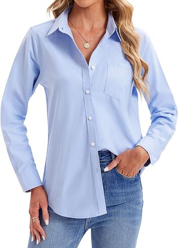 siliteelon Womens Button Down Shirts Long Sleeve Collared Office Work Blouses Tops with Pocket Oxford Shirts in Kuwait
