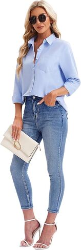 siliteelon Womens Button Down Shirts Long Sleeve Collared Office Work Blouses Tops with Pocket Oxford Shirts in Kuwait