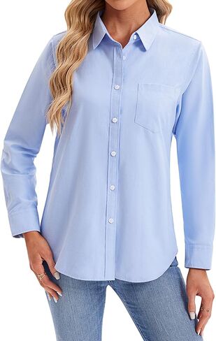 siliteelon Womens Button Down Shirts Long Sleeve Collared Office Work Blouses Tops with Pocket Oxford Shirts in Kuwait