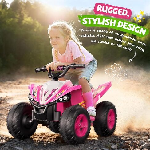 Evmore 12V Kids ATV، سيارة كهربائية للأطفال الصغار مع بطارية 4.5AH، إطارات EVA مضادة للانزلاق مقاس 14.4 بوصة، للأمام والخلف، بوق، موسيقى، USB، LED، محرك 70 واط مع سرعة قصوى 3.7 ميل في الساعة، سيارة كهربائية رباعية للأطفال (وردي) in Saudi Arabia