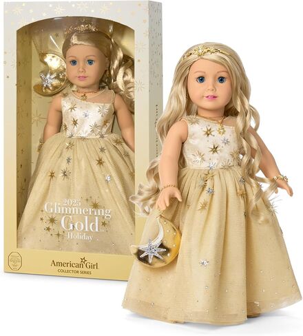 دمية American Girl 2025 Glimmering Gold Holiday Collector، ذات عيون زرقاء فاتحة، وشعر أشقر طويل مموج، للأعمار من 8 سنوات فما فوق in Saudi Arabia