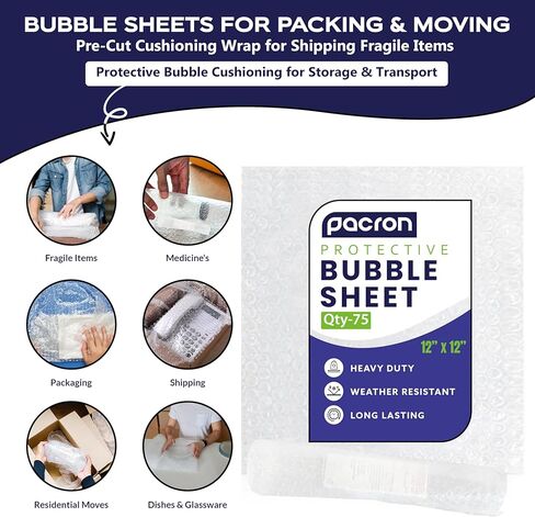 12x12 Pre-Cut Bubble Cushioning Wrap – 75-Count Packing Sheets for Shipping & Moving – Protective Wrap for Fragile Items – Eco-Friendly Shockproof Packaging – Made in USA in Saudi Arabia