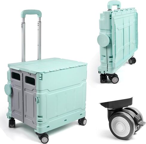 Foldable Utility Cart with 4 Wheels, Collapsible Rolling Cart with Telescoping Handle & Lid, Portable Organizer Crate for Grocery Shopping, Teachers, Office, Travel, Books, Snacks (Green) in Saudi Arabia