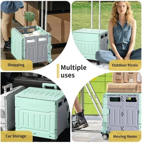 Foldable Utility Cart with 4 Wheels, Collapsible Rolling Cart with Telescoping Handle & Lid, Portable Organizer Crate for Grocery Shopping, Teachers, Office, Travel, Books, Snacks (Green) in Saudi Arabia