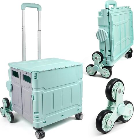 Foldable Utility Cart with 4 Wheels, Collapsible Rolling Cart with Telescoping Handle & Lid, Portable Organizer Crate for Grocery Shopping, Teachers, Office, Travel, Books, Snacks (Green) in Saudi Arabia