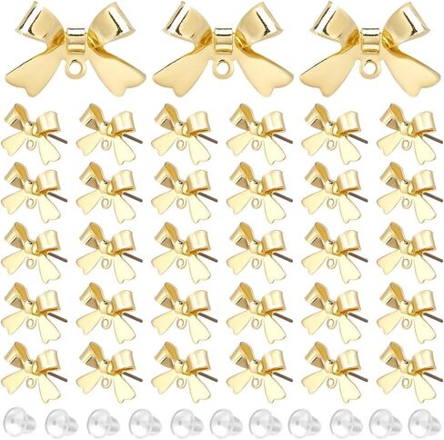1 Box 50Pcs Bow Earring Post Bow Stud Earring Post Gold Brass Real 18k Gold Plated Earring Stud with Ear Nuts Bowknot Stud Earring Findings for Jewelry Making Earrings Supplies DIY Crafts in Kuwait