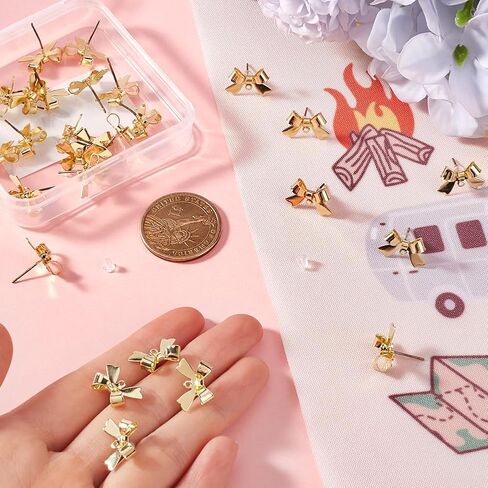 1 Box 50Pcs Bow Earring Post Bow Stud Earring Post Gold Brass Real 18k Gold Plated Earring Stud with Ear Nuts Bowknot Stud Earring Findings for Jewelry Making Earrings Supplies DIY Crafts in Kuwait