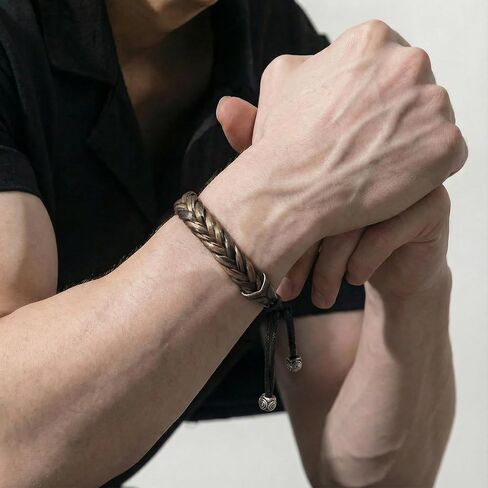 Hius Leather Bracelet for Men, Brown Adjustable Braided Leather Bracelet Wristband, Men's Leather Jewelry for Boys in Kuwait