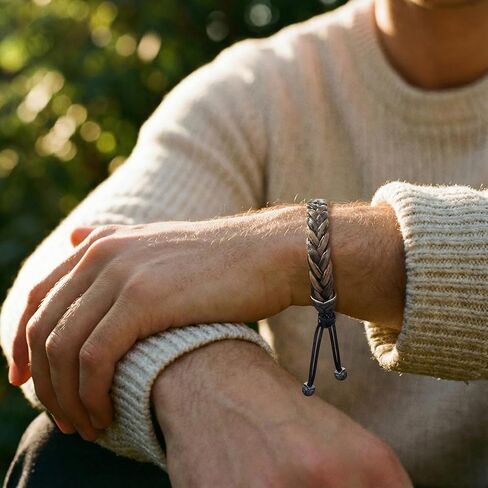 Hius Leather Bracelet for Men, Brown Adjustable Braided Leather Bracelet Wristband, Men's Leather Jewelry for Boys in Kuwait