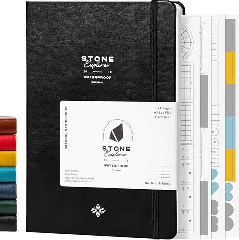 دفتر ملاحظات Stone Journal Explorer - مجلة ورقية مقاومة للماء مقاس A5، غلاف فني من الجلد النباتي، 144 صفحة متناوبة وشبكة منقطة، جيب خلفي، مقاوم للطقس (أسود) in Saudi Arabia