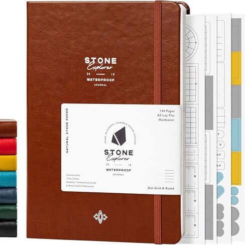 دفتر ملاحظات Stone Journal Explorer - مجلة ورقية مقاومة للماء مقاس A5، غلاف فني من الجلد النباتي، 144 صفحة متناوبة وشبكة منقطة، جيب خلفي، مقاوم للطقس (أسود) in Kuwait