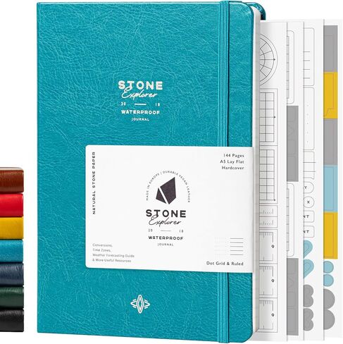 دفتر ملاحظات Stone Journal Explorer - مجلة ورقية مقاومة للماء مقاس A5، غلاف فني من الجلد النباتي، 144 صفحة متناوبة وشبكة منقطة، جيب خلفي، مقاوم للطقس (أسود) in Saudi Arabia