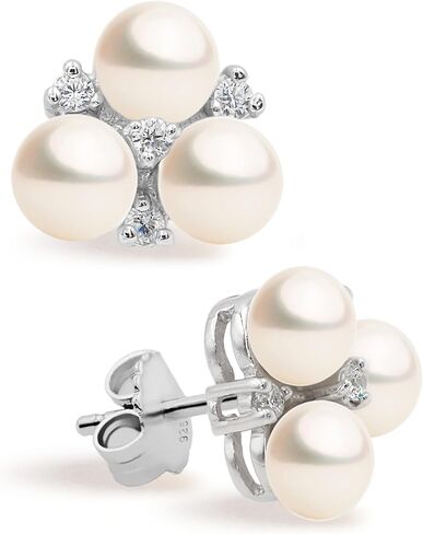 Women Pearl Stud Earrings with Three Fresh Water Cultured Pearls Button Shape 4 - 5 mm and Three Cubic Zirconia Stones by Secret & You | Sterling Silver 925 Mounts with big nuts. in Kuwait
