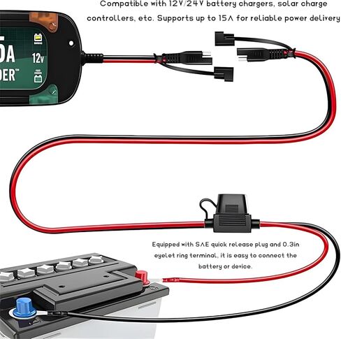 6 FT SAE to O Ring Terminal Harness, 14 AWG Battery Charger Cord Connector with 15A Protection Fuse, 2 Pin Quick Disconnect Plug Terminal Assembly for Motorcycle Car Tractor in Saudi Arabia