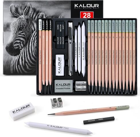 KALOUR 25-Piece Professional Sketch Pencil Set with Matte and Regular Pencils - Includes Vinyl Eraser, Kneaded Eraser, Sharpener, Pencil Extender and Blending Stump - Ideal for Artists and Beginners in Saudi Arabia