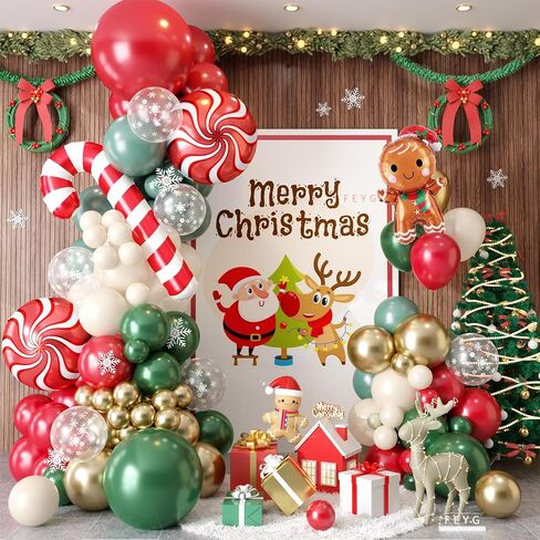 طقم قوس بالونات عيد الميلاد، 125 قطعة من بالونات عيد الميلاد باللون الأخضر والأحمر والذهبي، إكليل بالونات عيد الميلاد مع زينة بالونات على شكل نجمة وكرة من رقائق الفويل للحفلات in Kuwait