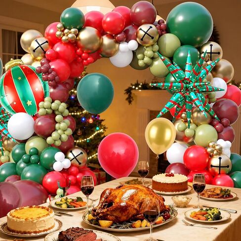 طقم قوس بالونات عيد الميلاد، 125 قطعة من بالونات عيد الميلاد باللون الأخضر والأحمر والذهبي، إكليل بالونات عيد الميلاد مع زينة بالونات على شكل نجمة وكرة من رقائق الفويل للحفلات in Kuwait