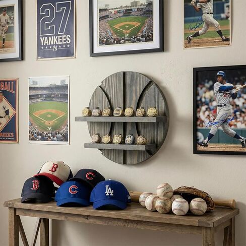 MyGift 2 Tier Wall Mounted Rustic Burnt Solid Wood Sports Championship Ring Holder with Basketball Cutout Backing, Jewelry Storage Display with 12 Pegs in Kuwait