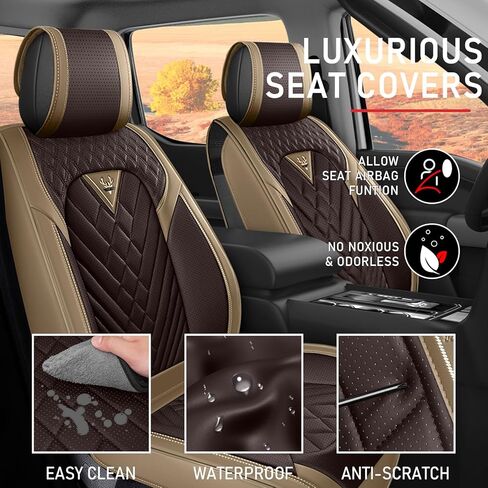 مناسب لأغطية مقاعد Ford F-150 F150 King Ranch 2010-2025، غطاء مقعد السيارة مصنوع من الجلد الفاخر المقاوم للماء والبقع، سهل التركيب والتنظيف (الكاري البني/5 مقاعد فاخرة) in Kuwait
